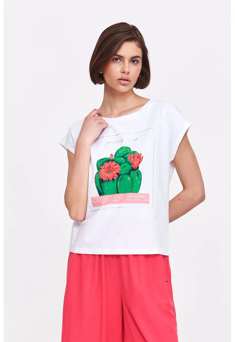 Tricou de bumbac cu decolteu rotund, Alb