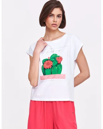 Tricou de bumbac cu decolteu rotund, Alb