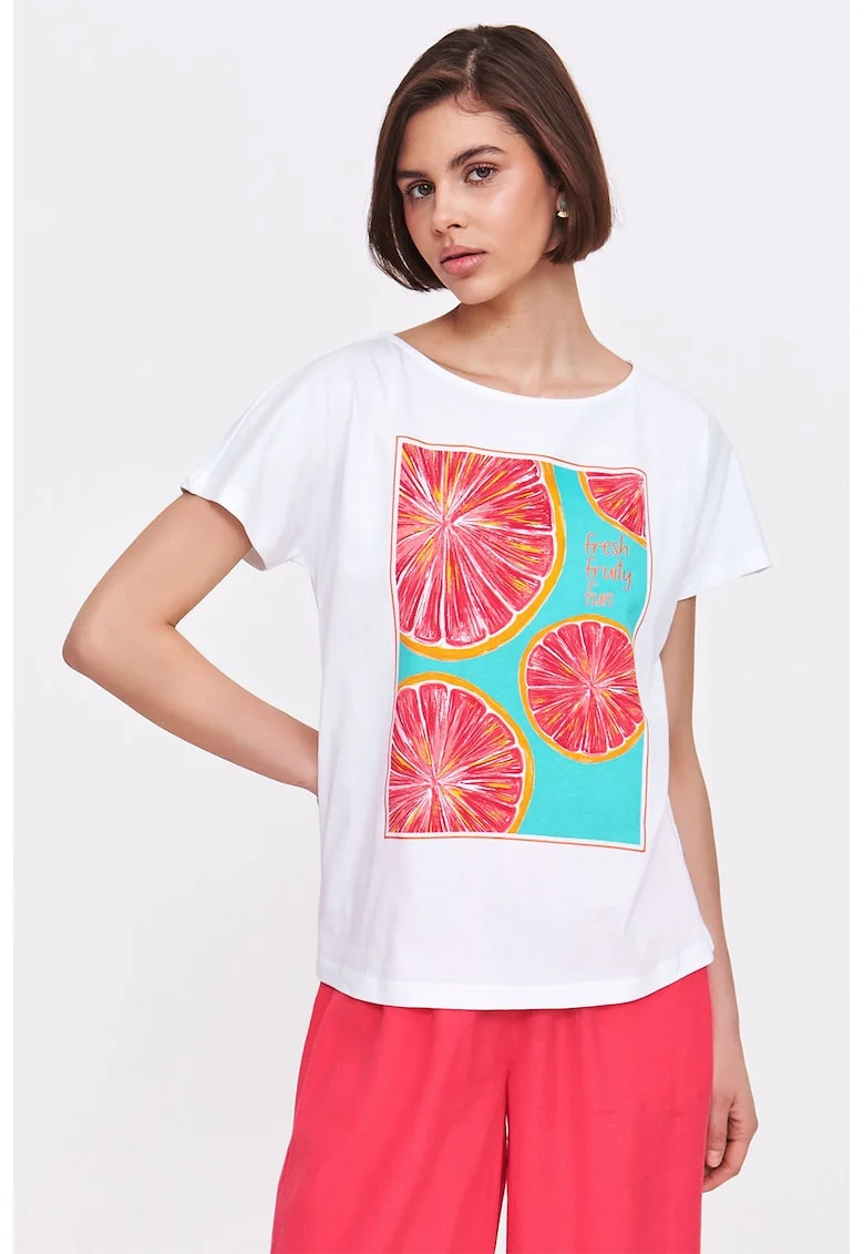 Tricou de bumbac cu decolteu rotund, Rosu/Alb/Turcoaz