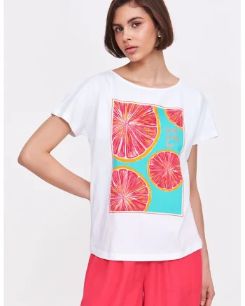 Tricou de bumbac cu decolteu rotund, Rosu/Alb/Turcoaz