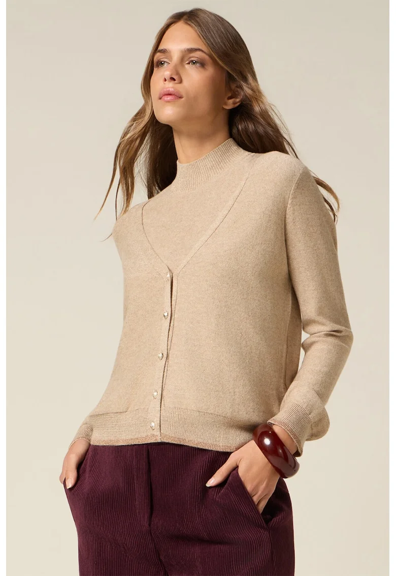 Cardigan uni cu decolteu in V, Maro camel