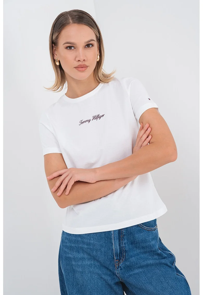 Tricou cu decolteu la baza gatului si imprimeu logo, Alb