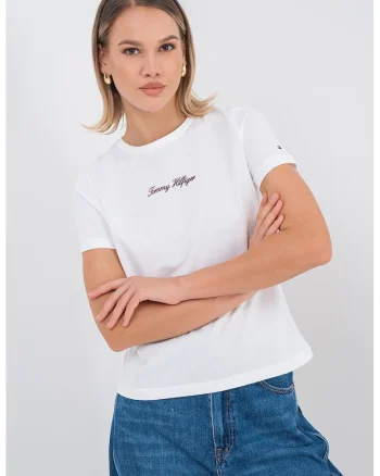 Tricou cu decolteu la baza gatului si imprimeu logo, Alb