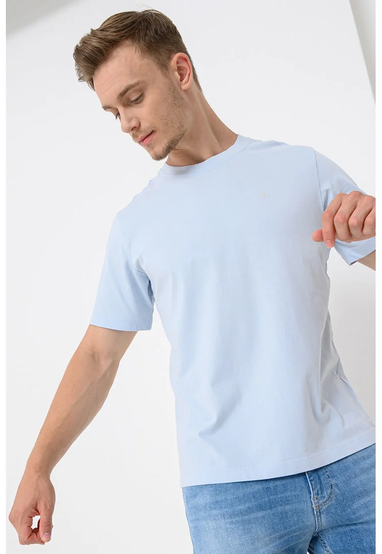 Tricou din bumbac cu decolteu la baza gatului, Albastru deschis