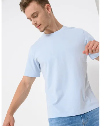 Tricou din bumbac cu decolteu la baza gatului, Albastru deschis
