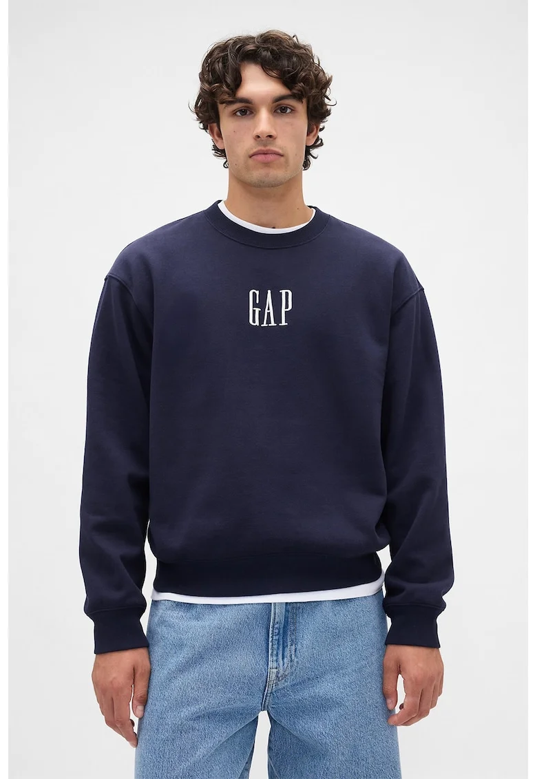 Bluza de trening cu maneci cazute si logo, Bleumarin