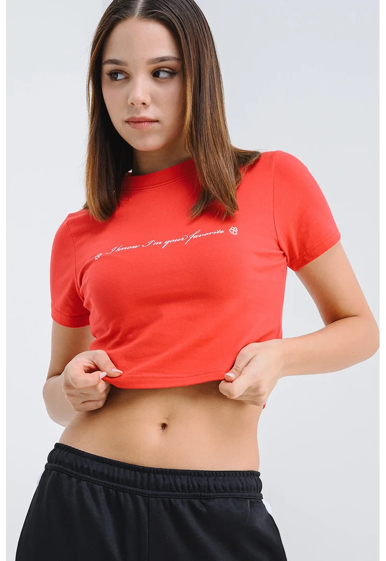 Tricou crop din bumbac cu decolteu la baza gatului, Rosu