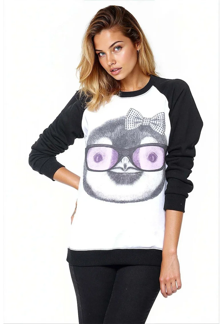 Bluza de trening de bumbac cu imprimeu si maneci raglan, Negru/Lila/Alb optic