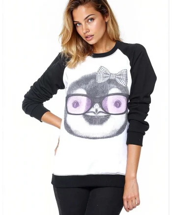 Bluza de trening de bumbac cu imprimeu si maneci raglan, Negru/Lila/Alb optic