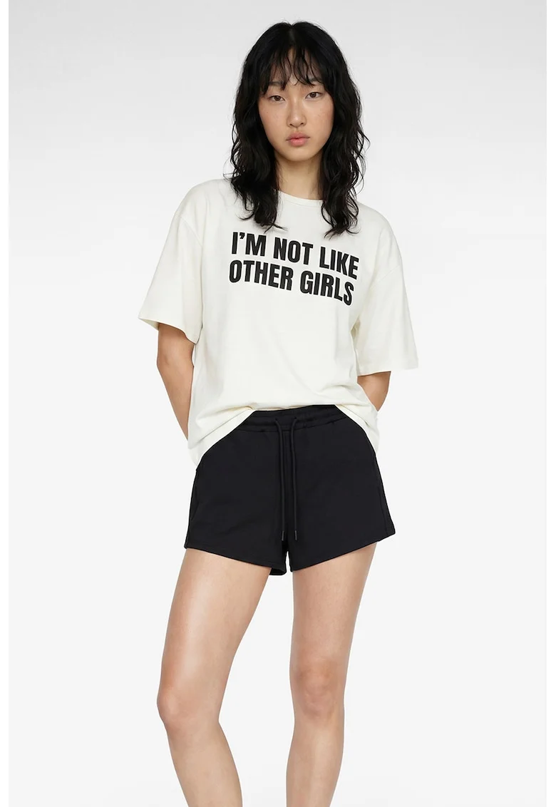 Tricou lejer cu imprimeu text, Alb