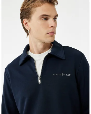Bluza de trening polo cu fermoar scurt, Bleumarin