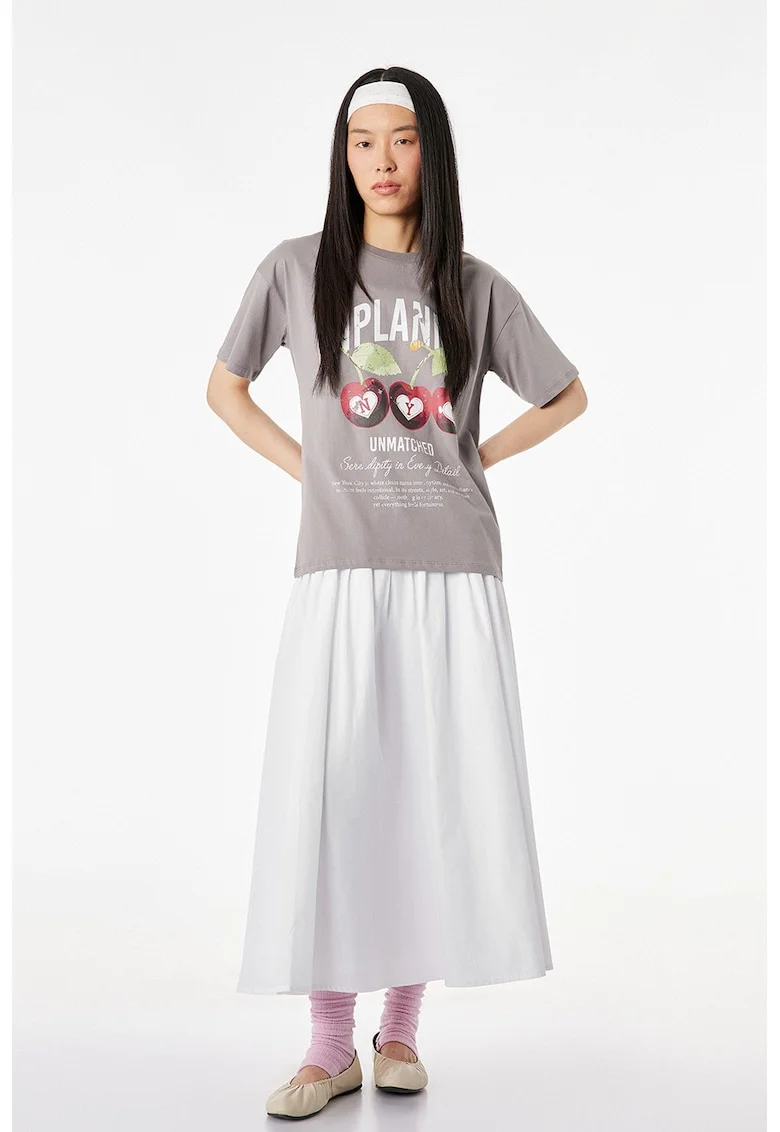 Tricou cu decolteu la baza gatului si model grafic, Alb/Visiniu/Gri marmorat