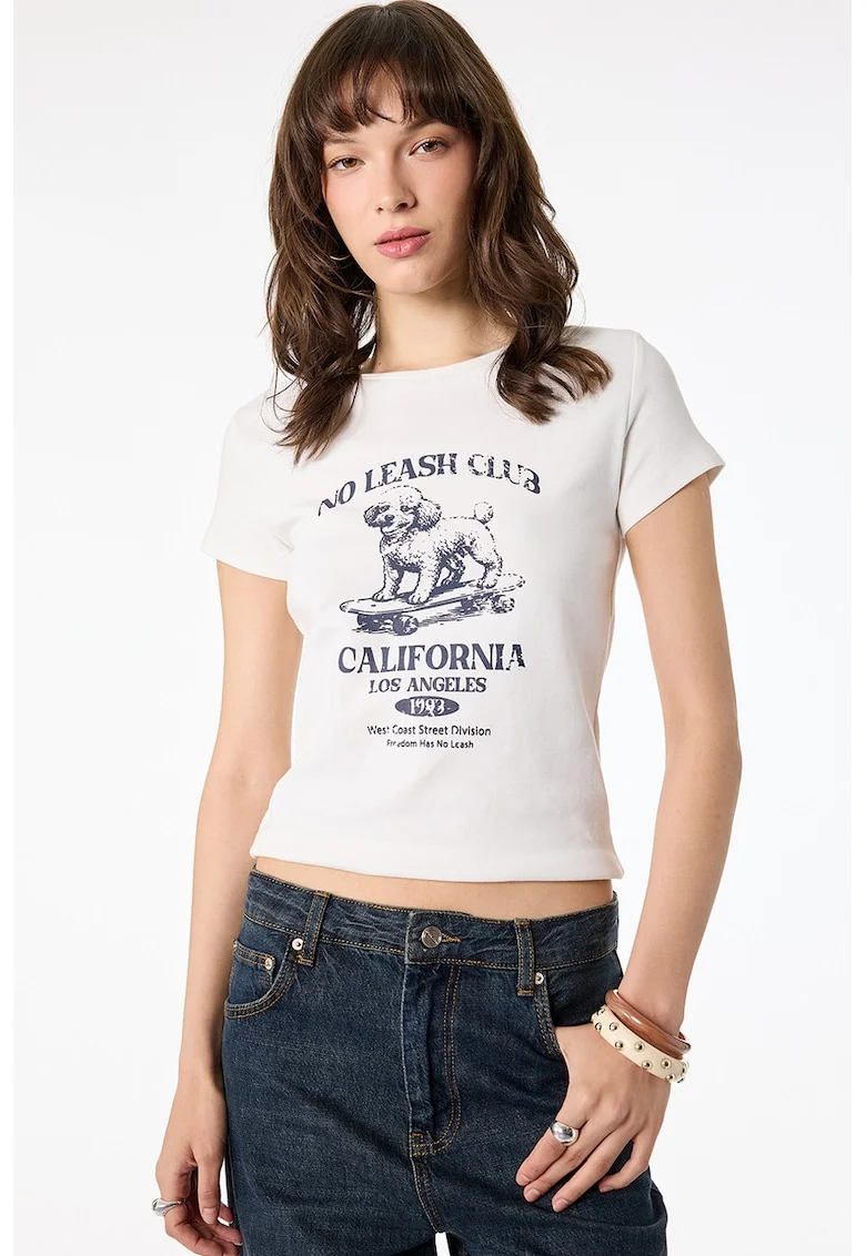 Tricou slim fit cu imprimeu cu caine, Alb/Gri antracit