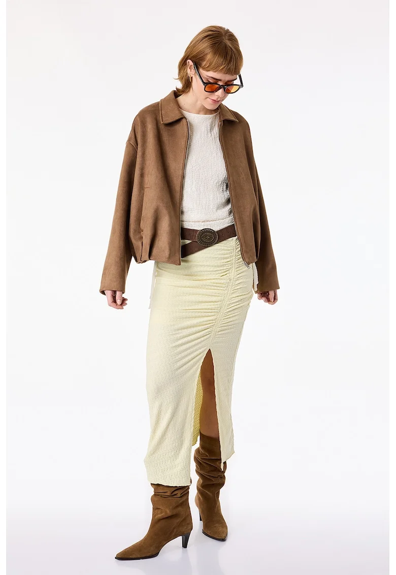 Fusta midi cambrata cu fronseuri, Galben pastel