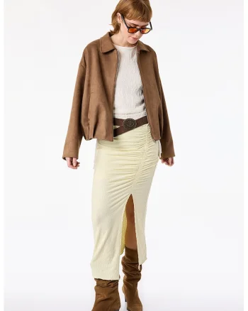 Fusta midi cambrata cu fronseuri, Galben pastel
