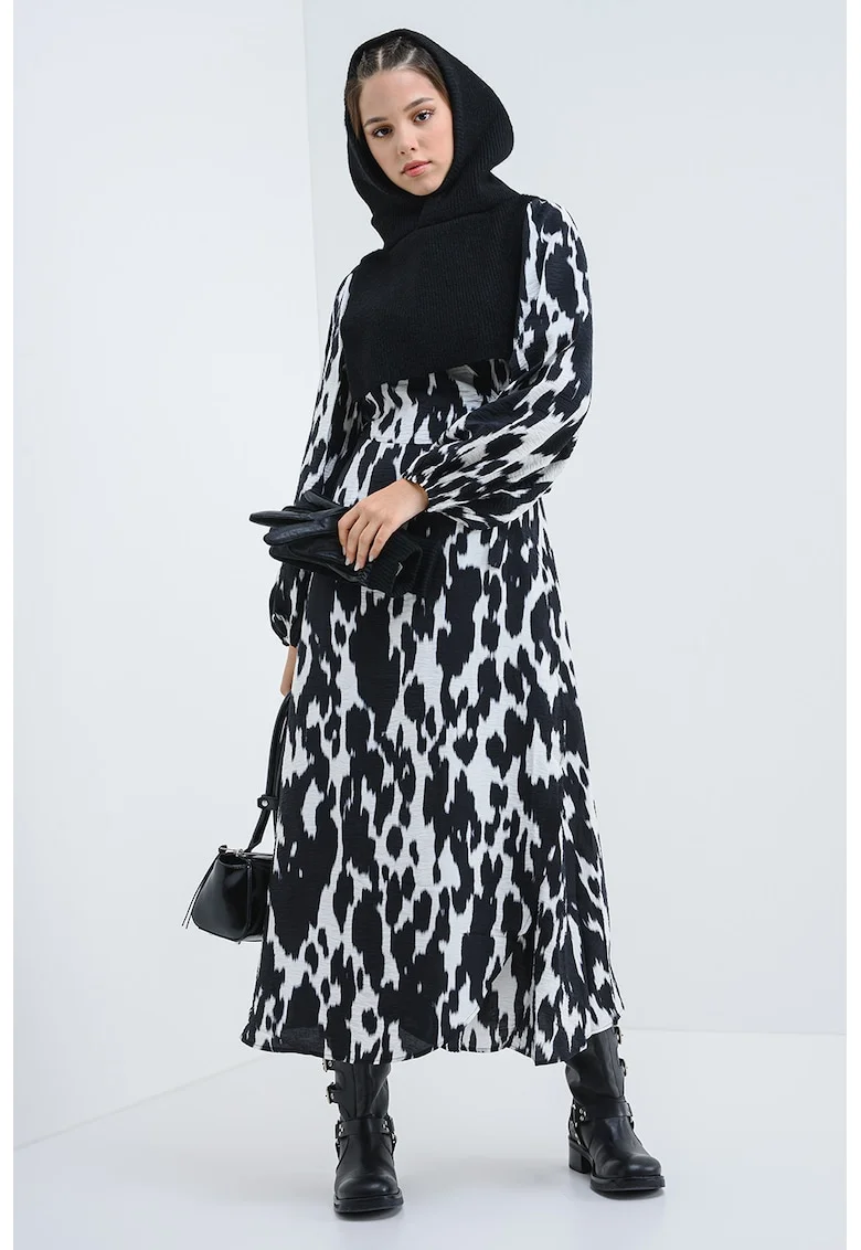 Rochie lunga cu animal print, Alb/Negru