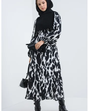Rochie lunga cu animal print, Alb/Negru