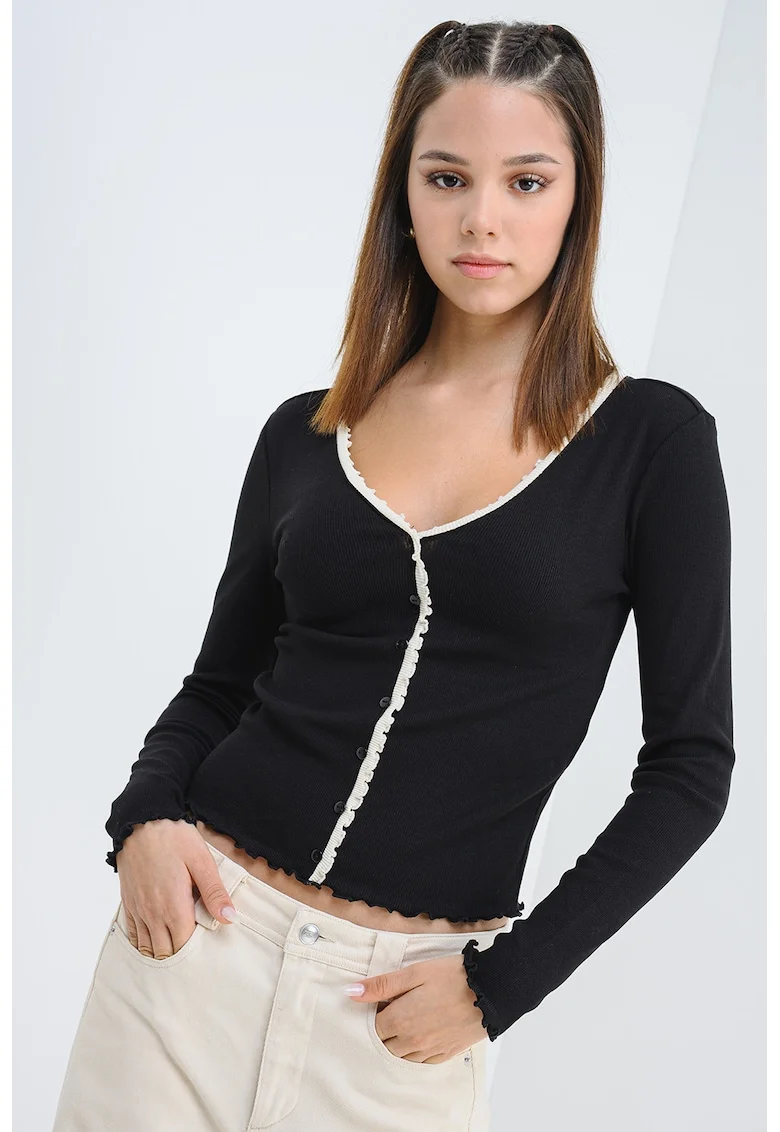 Bluza slim fit cu decolteu in V, Alb fildes/Negru stins