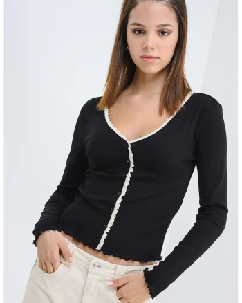 Bluza slim fit cu decolteu in V, Alb fildes/Negru stins