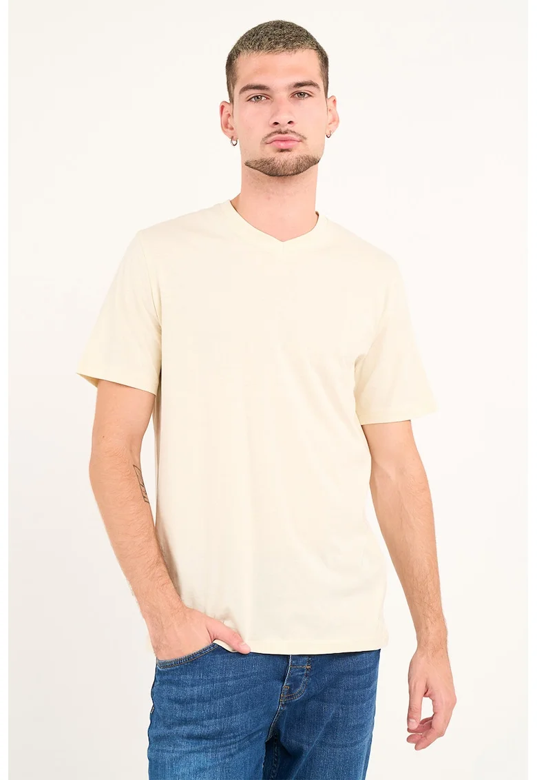 Tricou uni cu decolteu in V, Galben pal