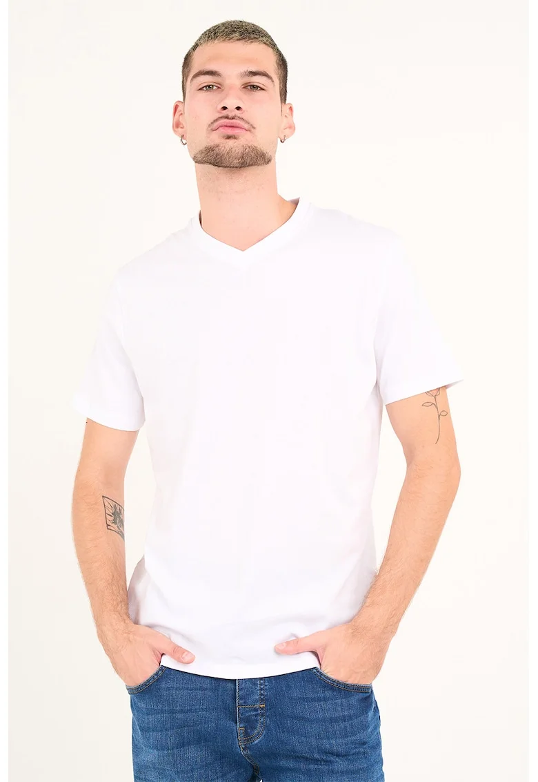 Tricou uni cu decolteu in V, Alb optic