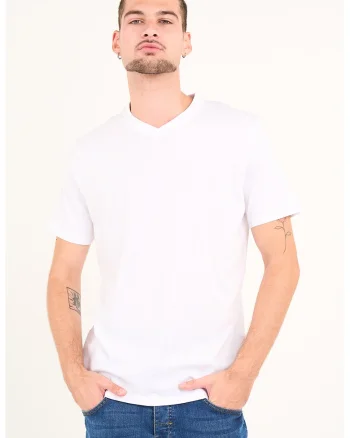 Tricou uni cu decolteu in V, Alb optic