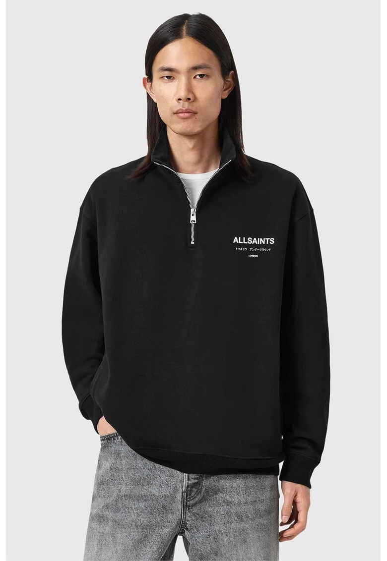 Bluza de trening cu fermoar si imprimeu pe partea din spate Underground, Alb/Negru