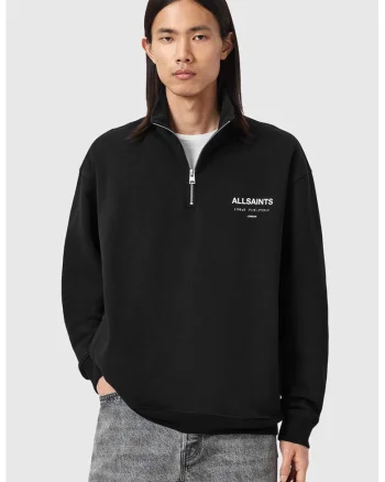Bluza de trening cu fermoar si imprimeu pe partea din spate Underground, Alb/Negru