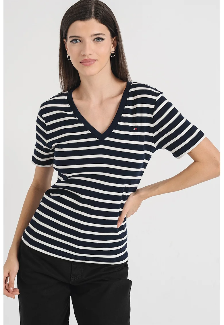 Tricou slim fit cu decolteu in V Cody, Alb/Albastru ultramarin/Alb optic