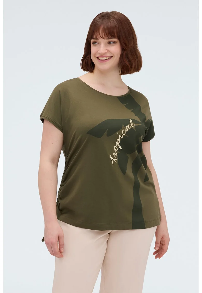 Tricou cu prindere laterale si imprimeu, Verde masliniu