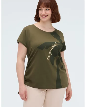 Tricou cu prindere laterale si imprimeu, Verde masliniu
