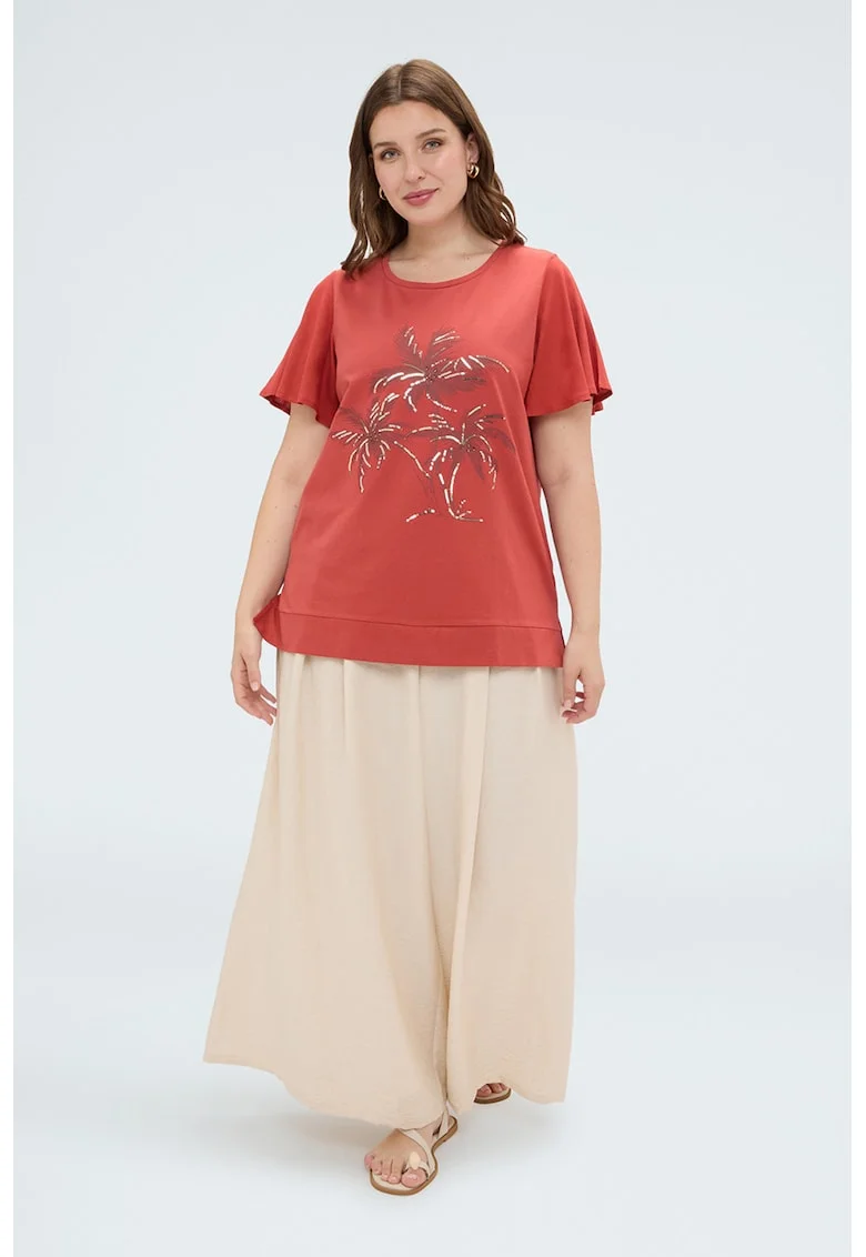 Tricou cu maneci cu volan si model, Portocaliu dovleac