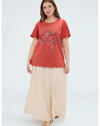 Tricou cu maneci cu volan si model, Portocaliu dovleac