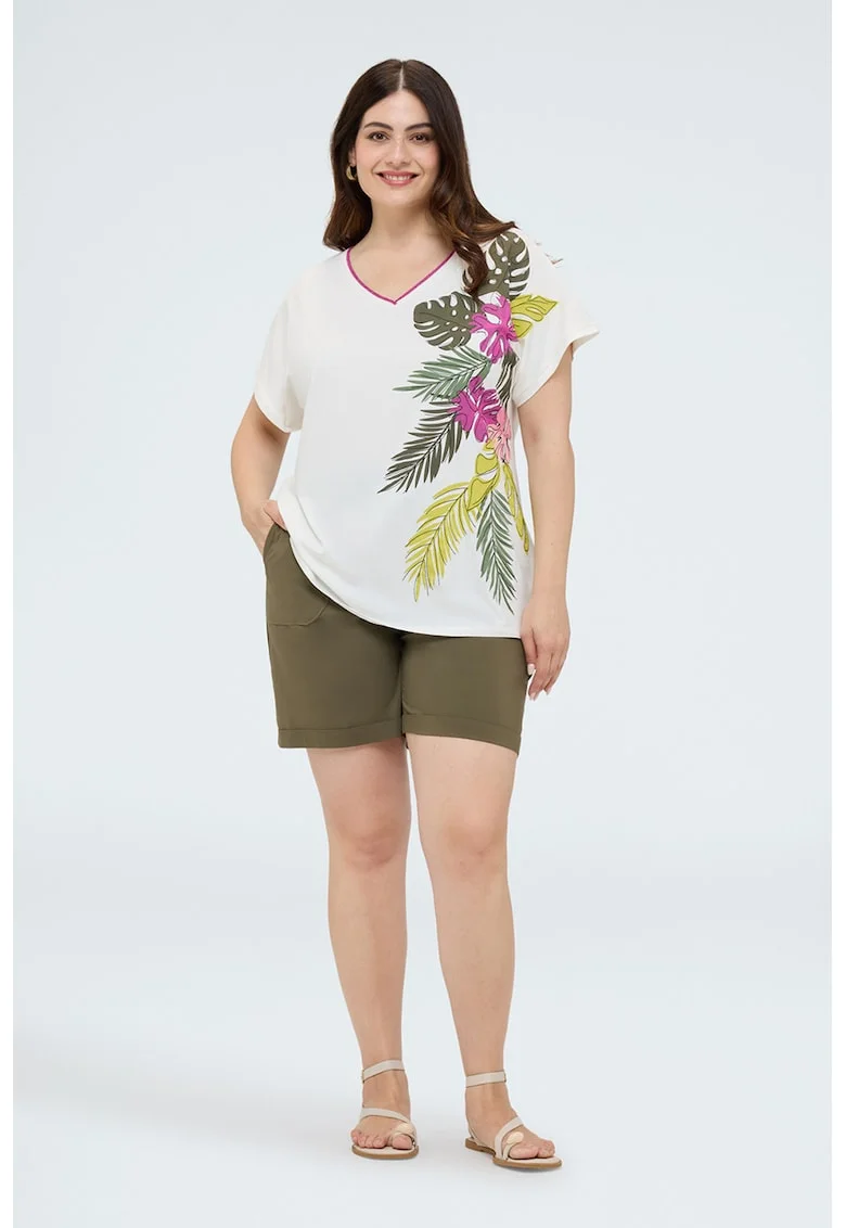 Tricou din amestec de bumbac cu decolteu in V, Alb/Kaki