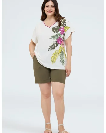 Tricou din amestec de bumbac cu decolteu in V, Alb/Kaki