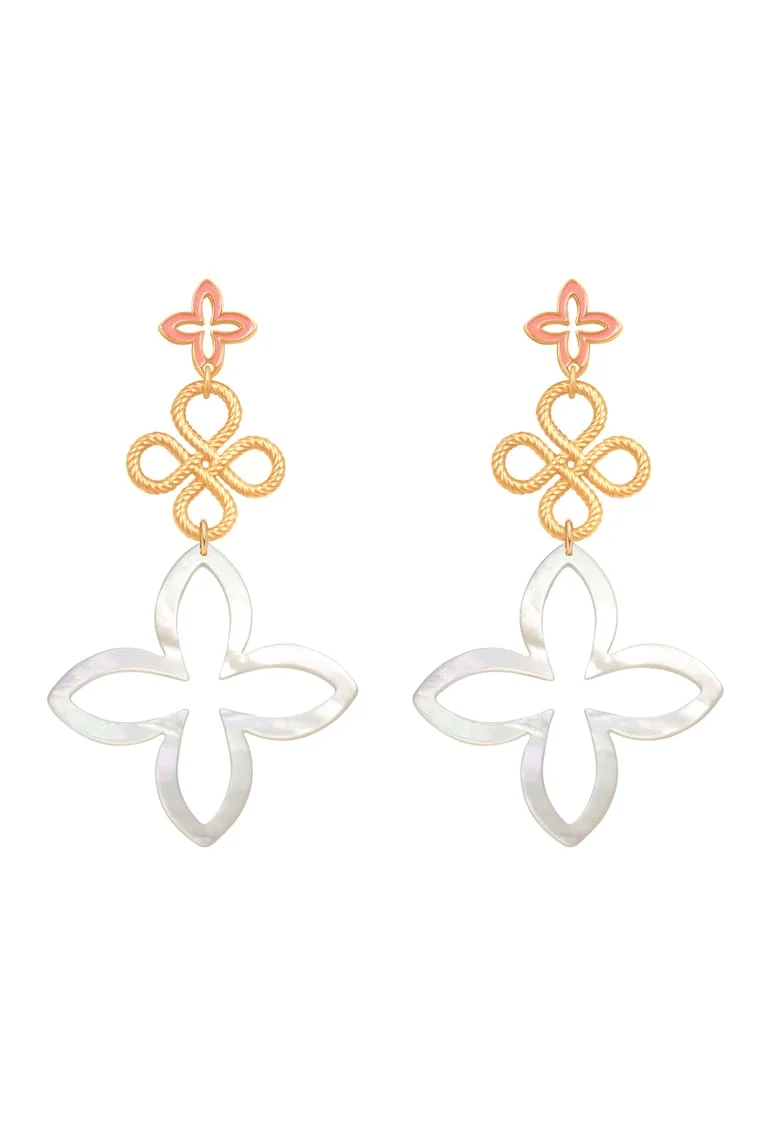 Cercei placati cu aur de 18k si decorati cu email Lily, Alb/Auriu/Roz