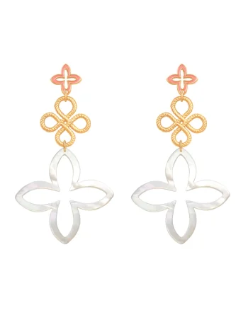 Cercei placati cu aur de 18k si decorati cu email Lily, Alb/Auriu/Roz