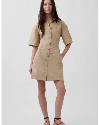 Rochie cu maneci scurte si nasturi, Bej