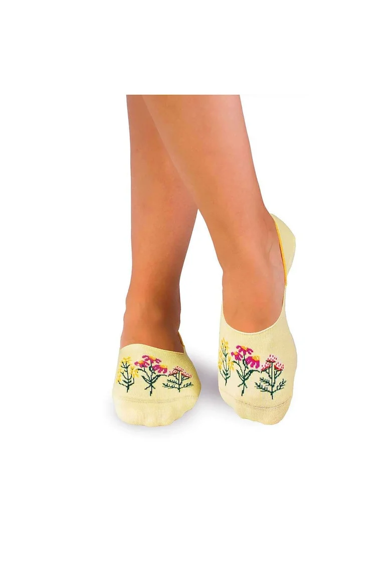 Sosete tip talpici din bumbac, model floral, Galben