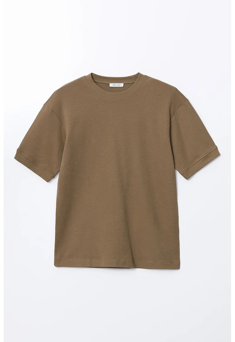 Tricou cu decolteu la baza gatului si model uni, Maro deschis
