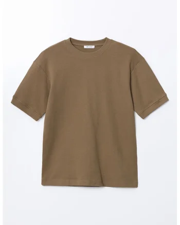 Tricou cu decolteu la baza gatului si model uni, Maro deschis