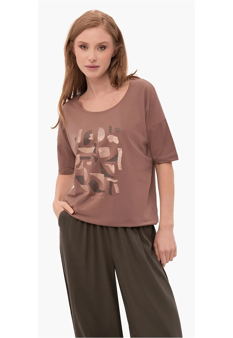 Tricou dama  T-Prime, imprimeu abstract, tesatura respirabila, bumbac, maro
