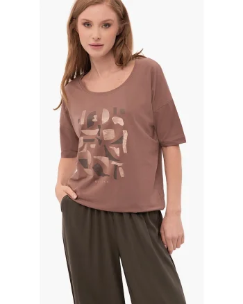Tricou dama  T-Prime, imprimeu abstract, tesatura respirabila, bumbac, maro