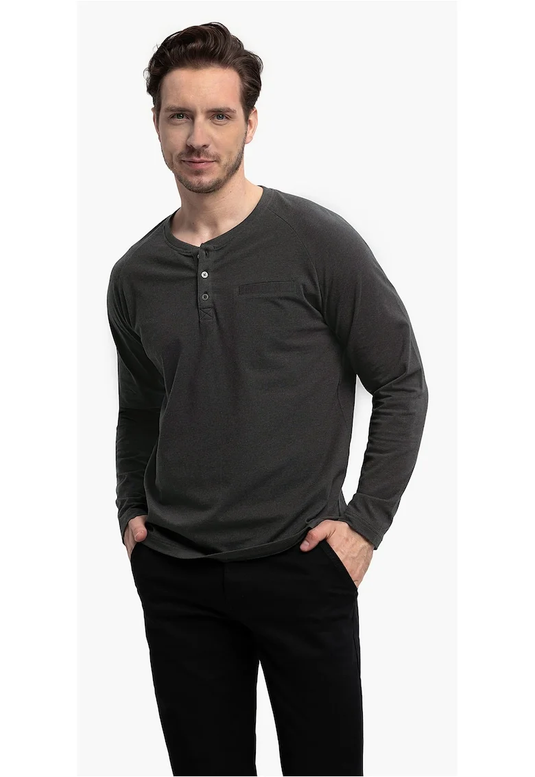 Tricou cu maneca lunga barbati  L-Charl, cu decolteu cu nasturi, regular fit, grafit, XXL