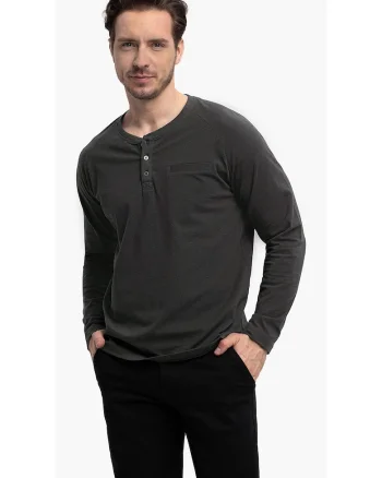 Tricou cu maneca lunga barbati  L-Charl, cu decolteu cu nasturi, regular fit, grafit, XXL