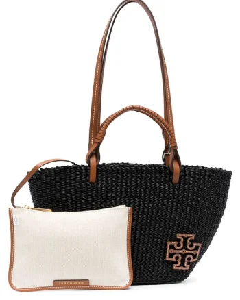 Geanta dama, Tory Burch, Ella Straw Small Basket Tote, neagra, 38x22x9cm