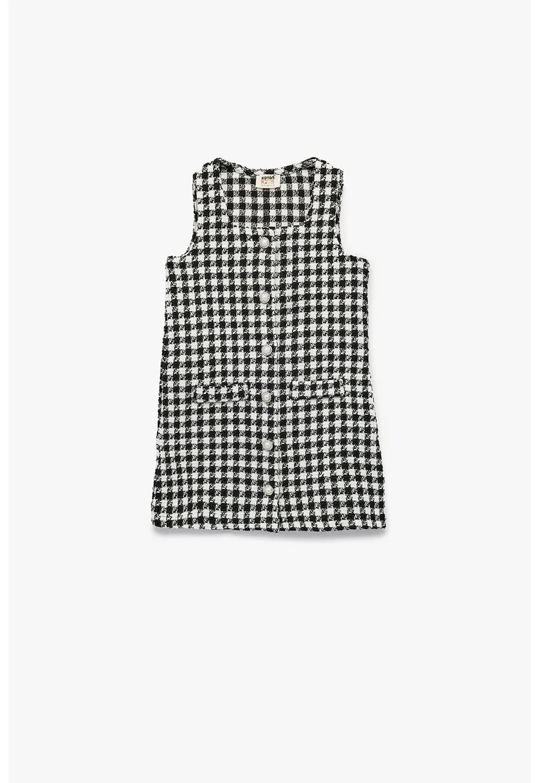 Rochie tricotata cu nasturi si model houndstooth, Alb/Negru