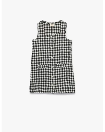 Rochie tricotata cu nasturi si model houndstooth, Alb/Negru