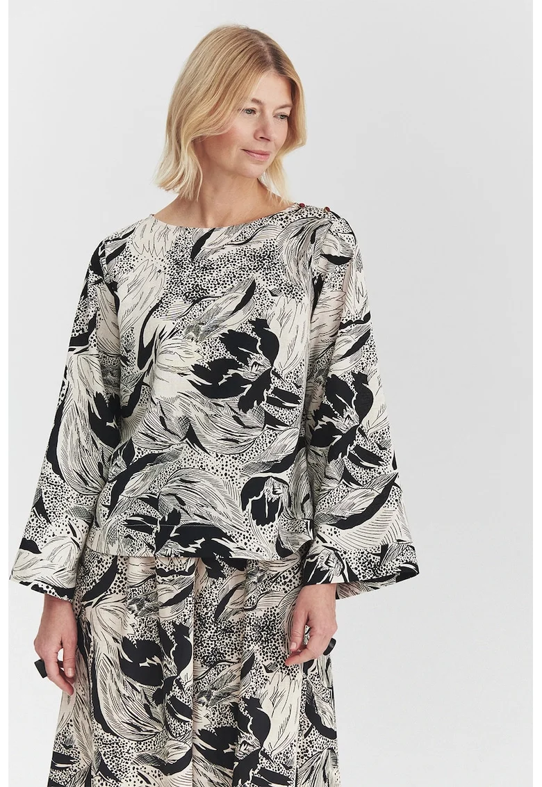Bluza cu model floral si maneci tip clopot, Negru/Alb murdar