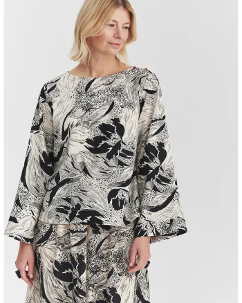 Bluza cu model floral si maneci tip clopot, Negru/Alb murdar